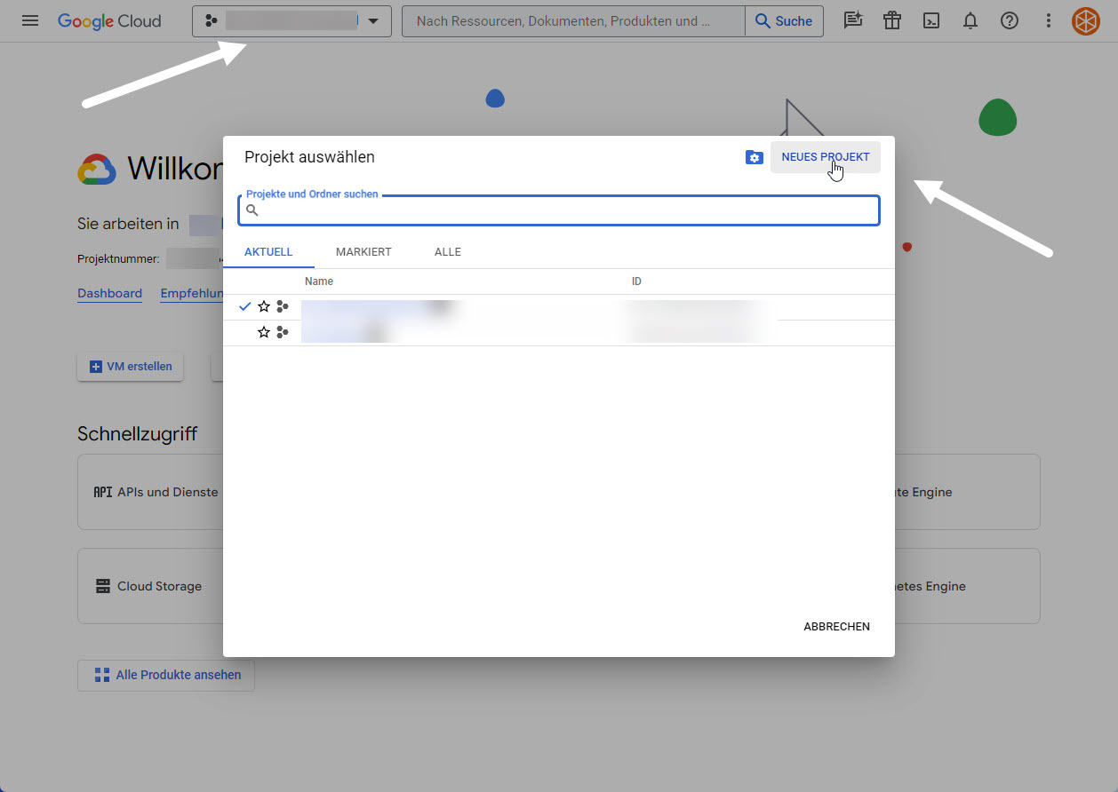 Google Cloud: neues Projekt erstellen