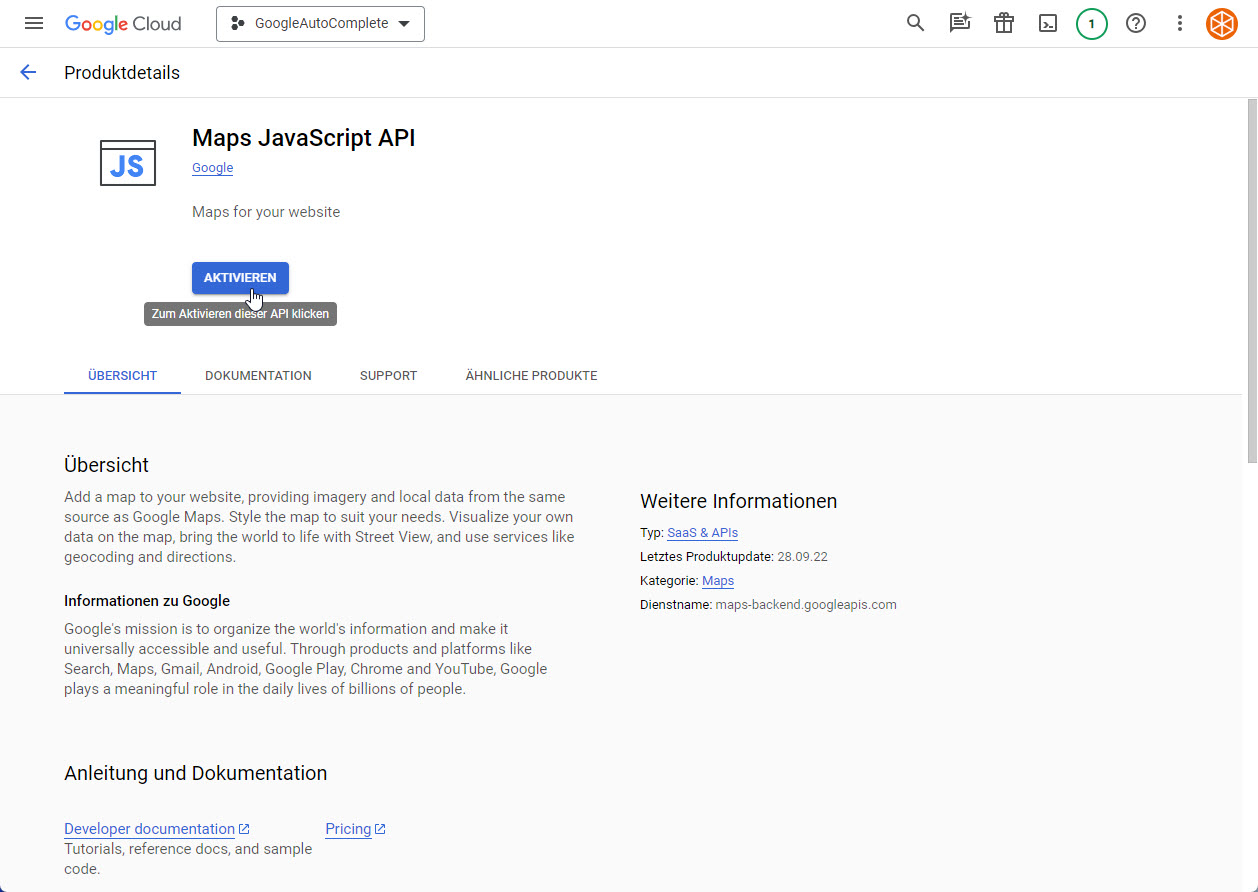 Google Cloud: Maps JavaScript API und Places API aktivieren