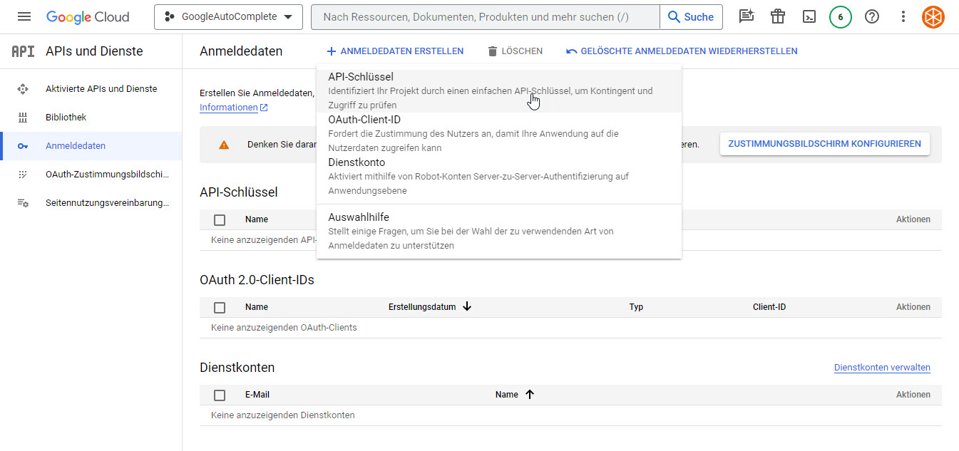 Google Cloud: API-Schlüssel erstellen