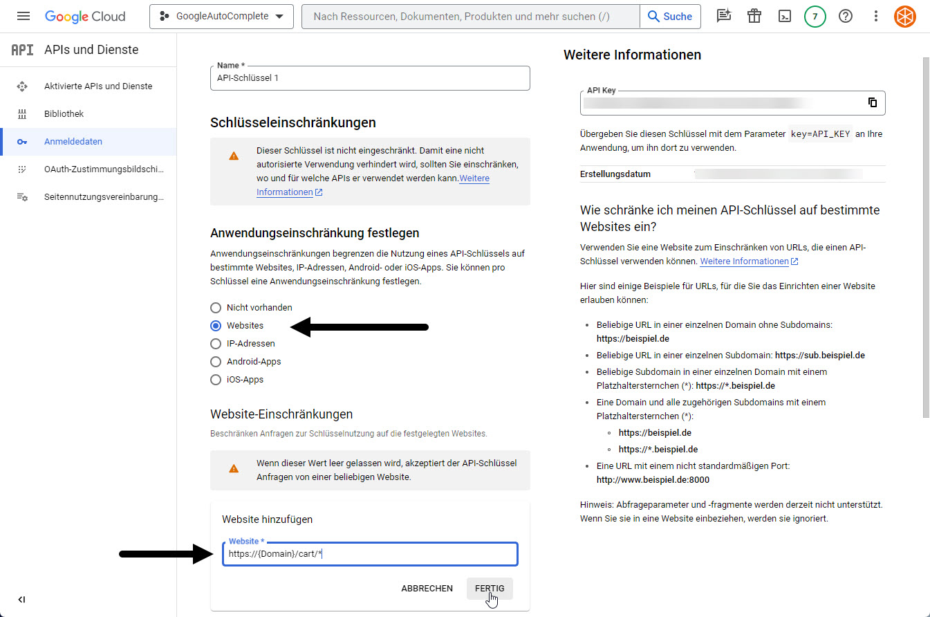 Google Cloud: Anwendungseinschränkung auf /cart/*