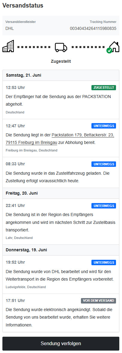 Beispiel-Versandstatus: Paket zugestellt
