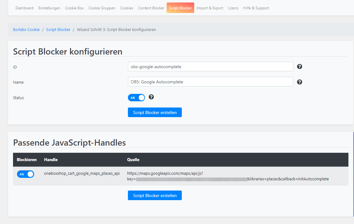 Borlabs Cookie: Script-Blocker für das Google-Places-Skript