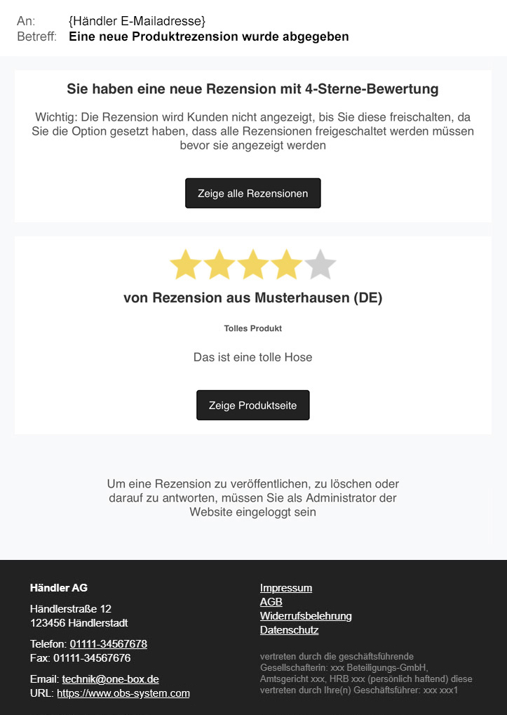 Händler-E-Mail bei neuer Bewertung