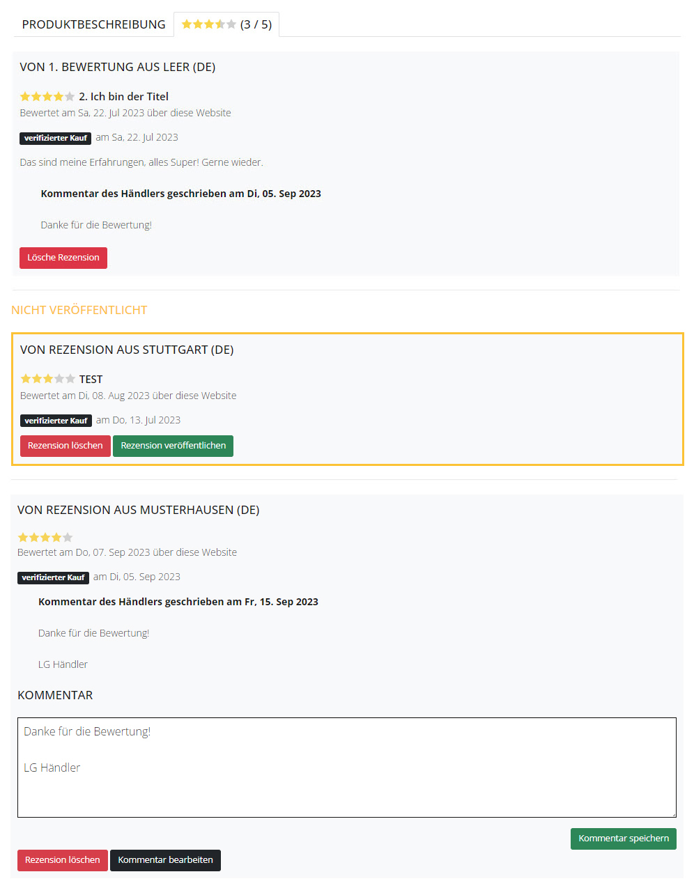 Händlerkommentar auf der Produktseite