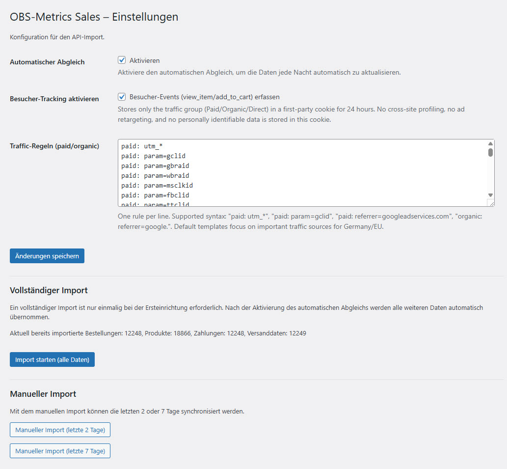 Einstellungsseite OBS-Metrics Sales