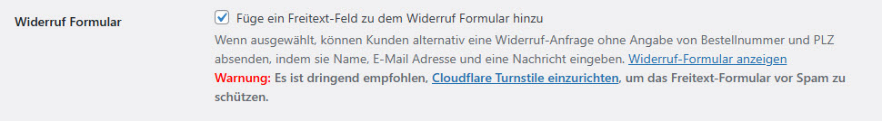 Option „Widerruf Formular“ in den Warenkorb-Optionen