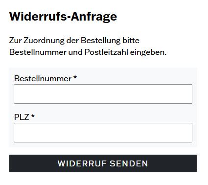 Widerrufsformular auf der Bestellseite