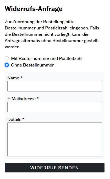 Erweitertes Widerrufsformular „Ohne Bestellnummer“