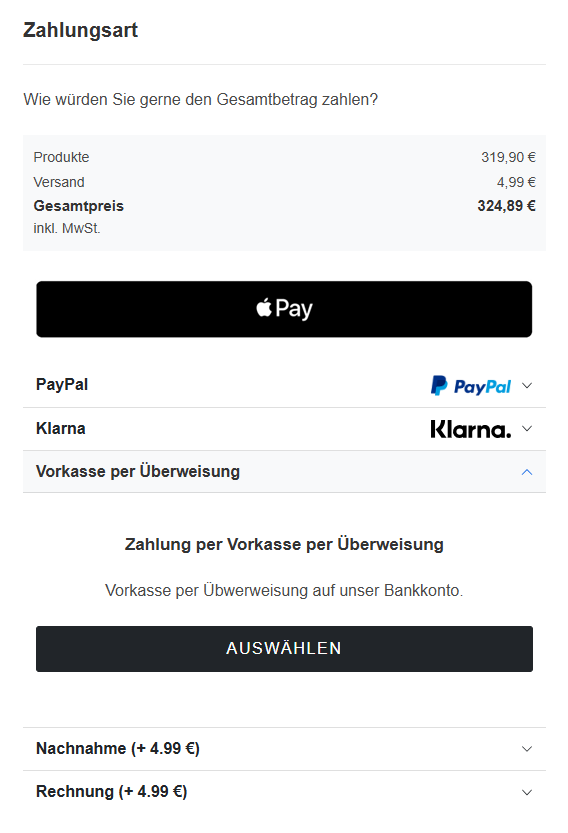 Normale Darstellung, ausgeklappte Zahlungsart