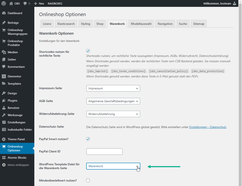 Warenkorb-Seite in den OBS-System → Optionen zuweisen