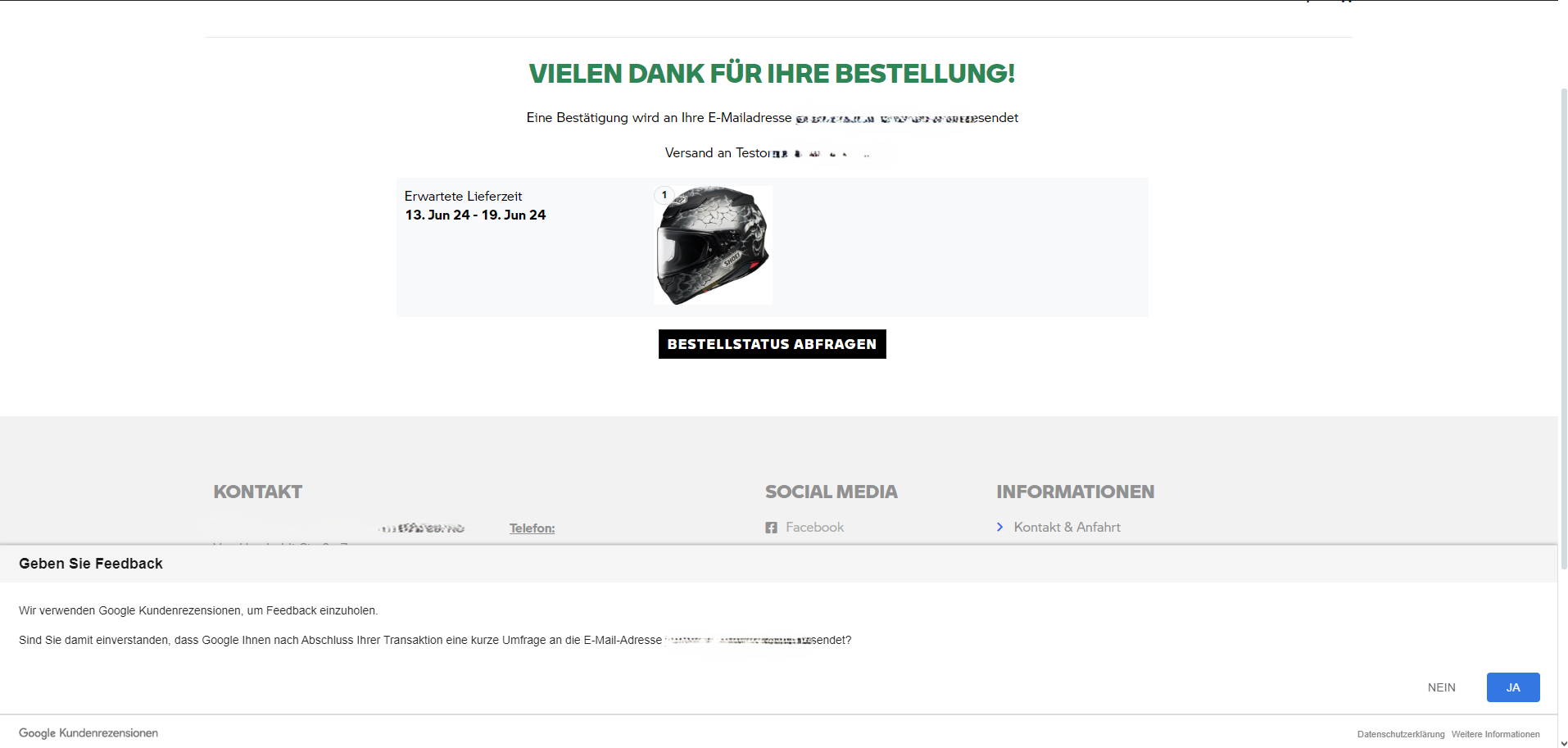 Opt-in-Anzeige auf der Bestellbestätigungsseite