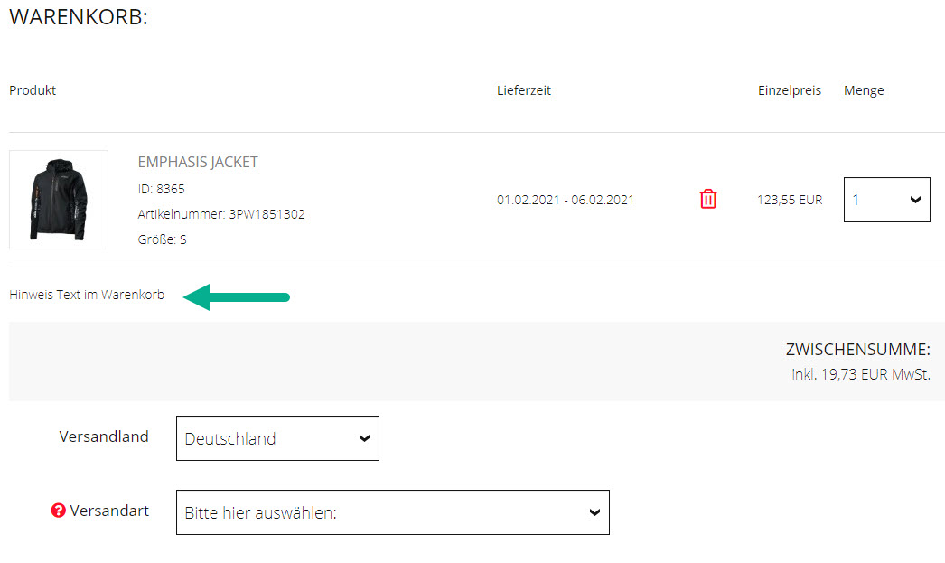Hinweistext im Warenkorb: Anzeige im Frontend