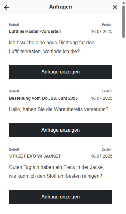 Kundenkonto: Anfragen verwalten