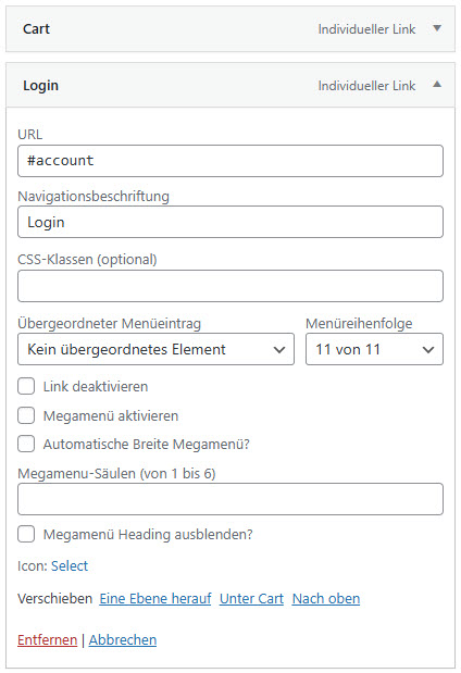 Link zum Kundenkonto im Menü