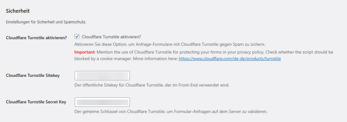 Cloudflare Turnstile in den Anfragen-Optionen