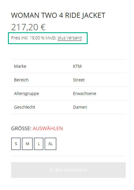 Produktseite ohne Angabe der MwSt.-Sätze