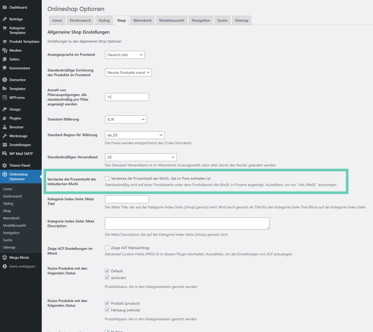 Option „Verstecke die Prozentzahl der inkludierten MwSt.“ unter Shop