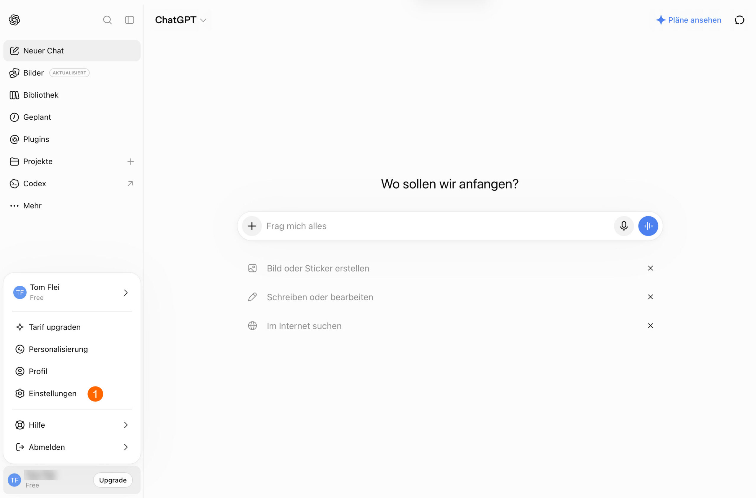 ChatGPT: Einstellungen öffnen (Free-Konto)