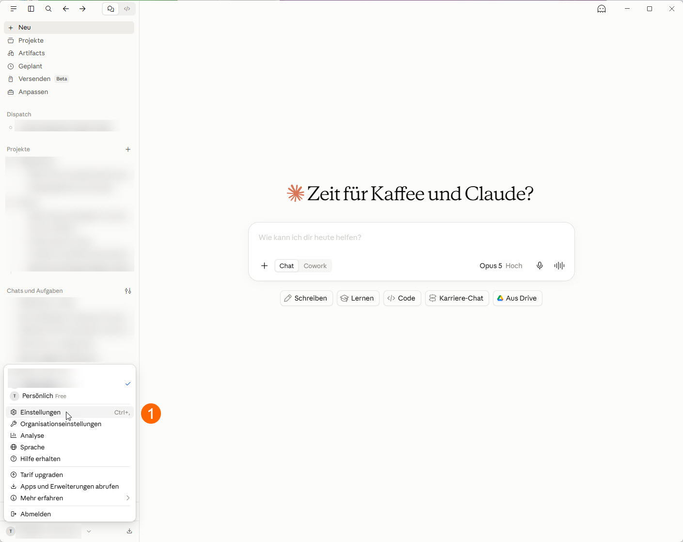 Claude: Einstellungen öffnen