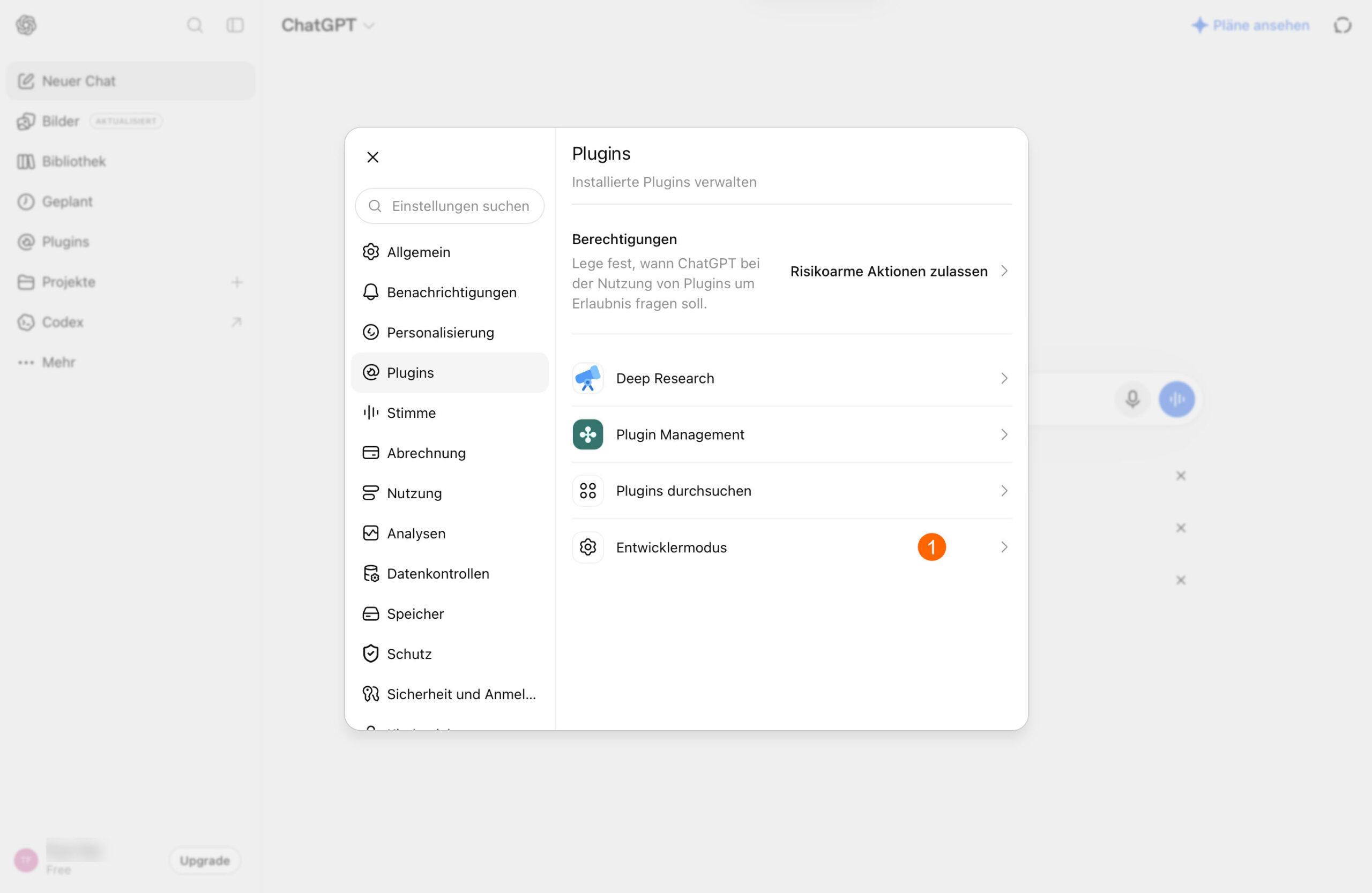 ChatGPT: Einstellungen → Plugins → Entwicklermodus