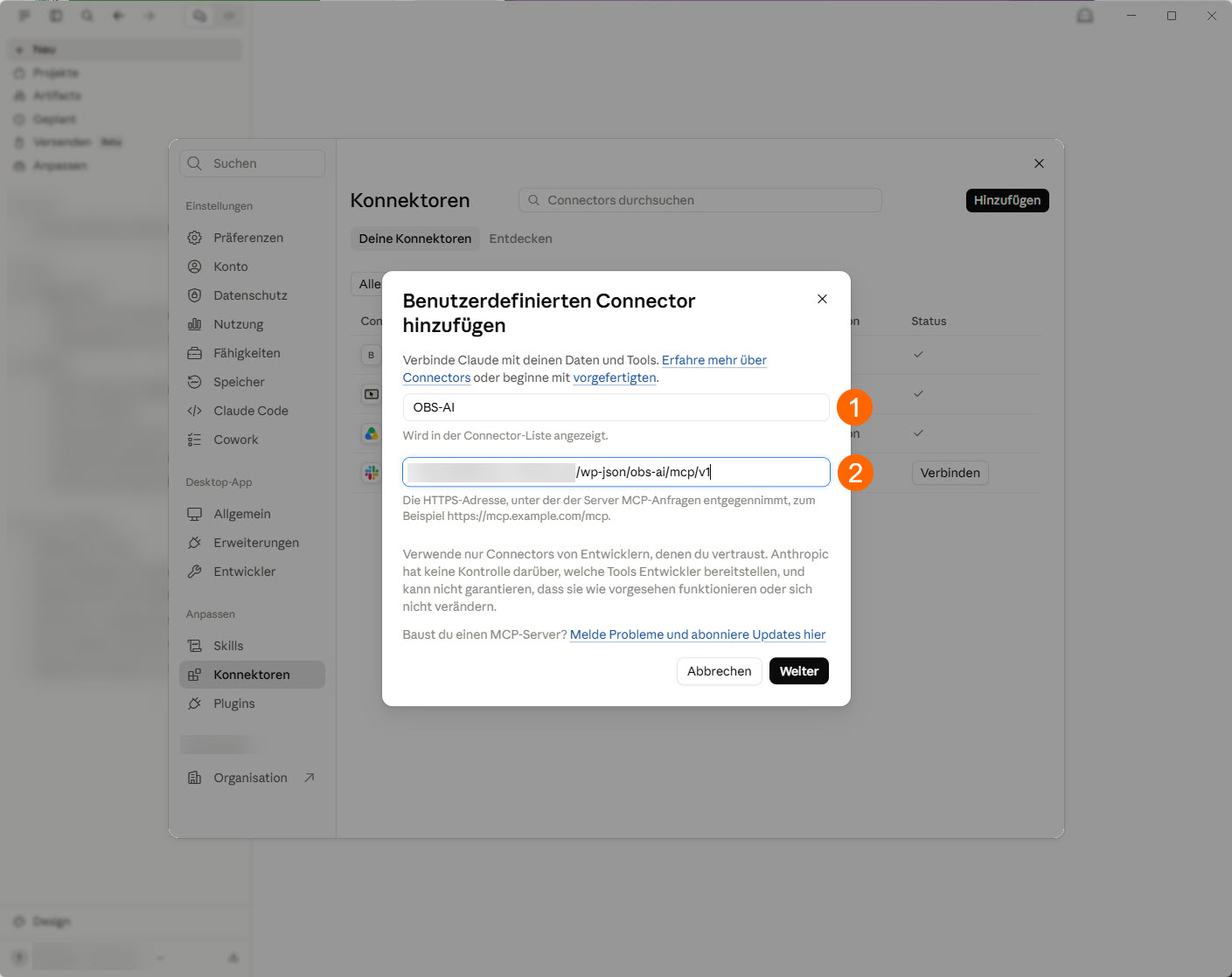 Claude: Benutzerdefinierten Connector – Name und URL