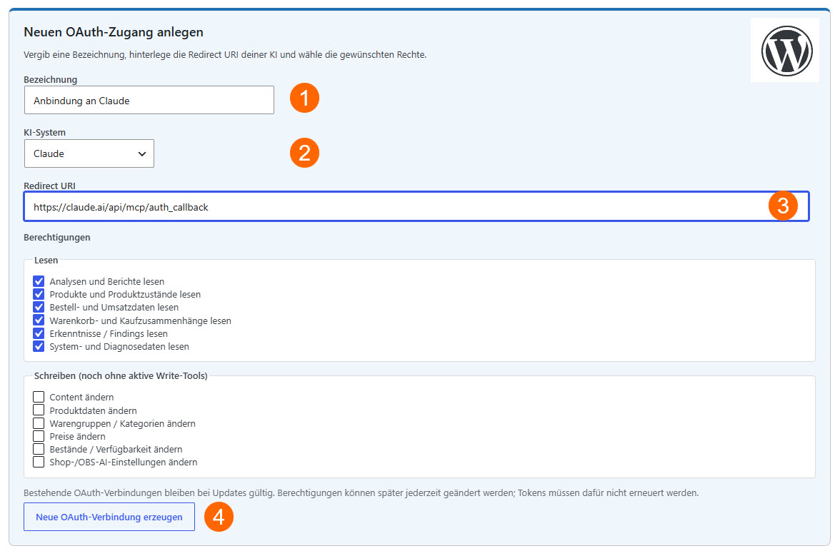 WordPress MCP-Zugänge: OAuth-Zugang für Claude anlegen