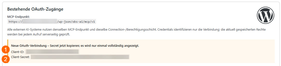 WordPress MCP-Zugänge: Client-ID und Client-Secret kopieren