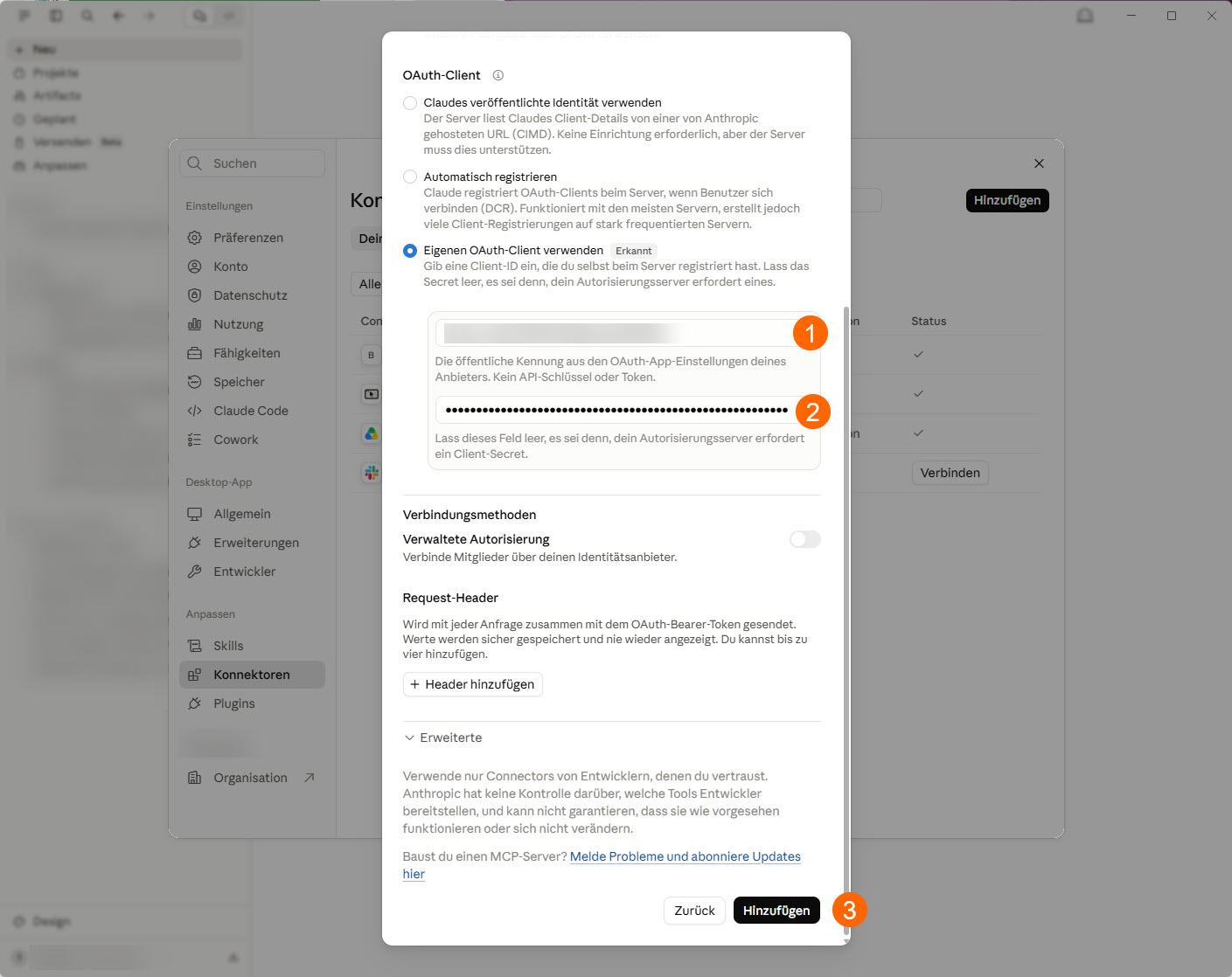 Claude: Eigenen OAuth-Client verwenden – Client-ID und Secret eintragen