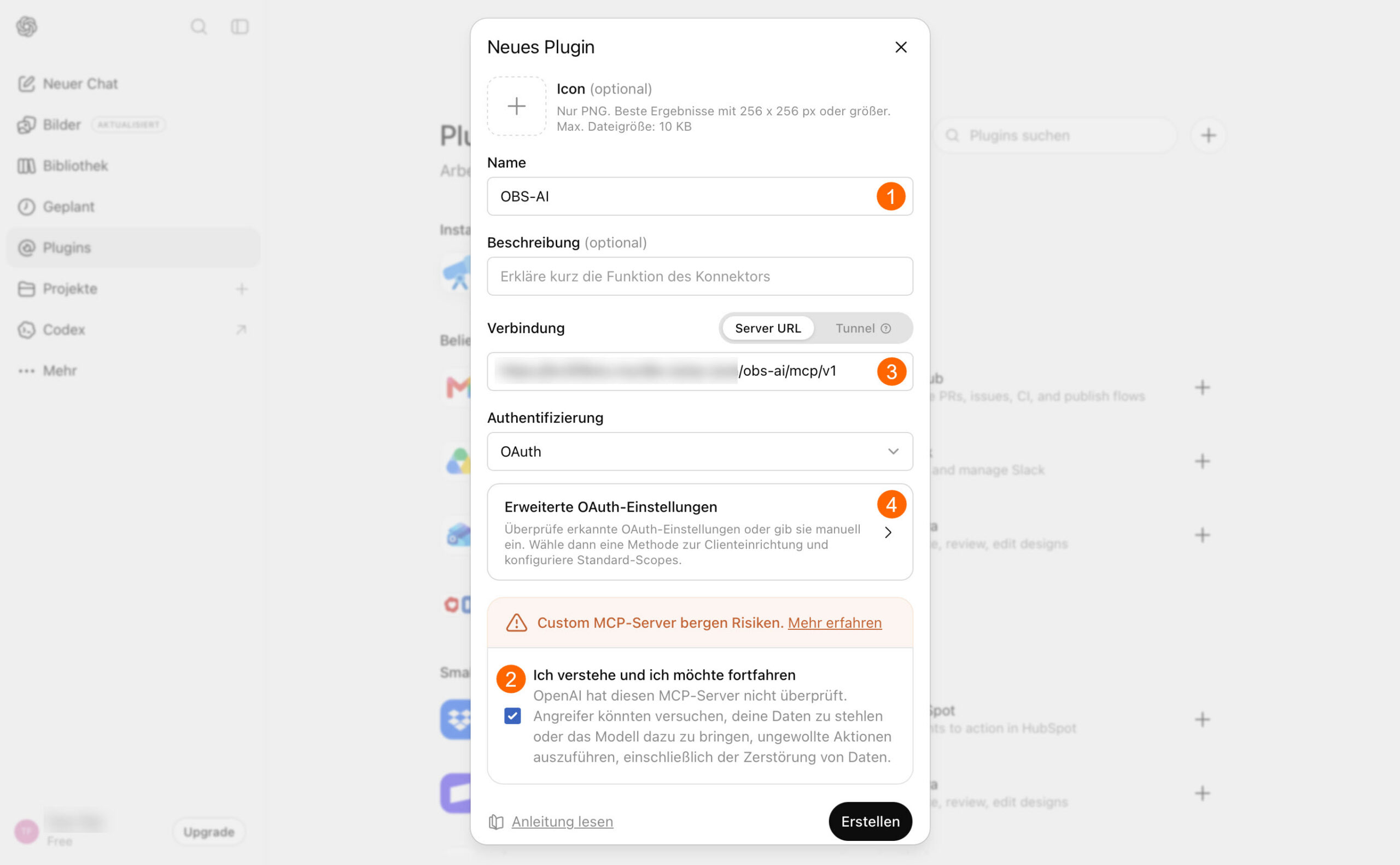 ChatGPT: Neues Plugin – Name, MCP-URL, OAuth