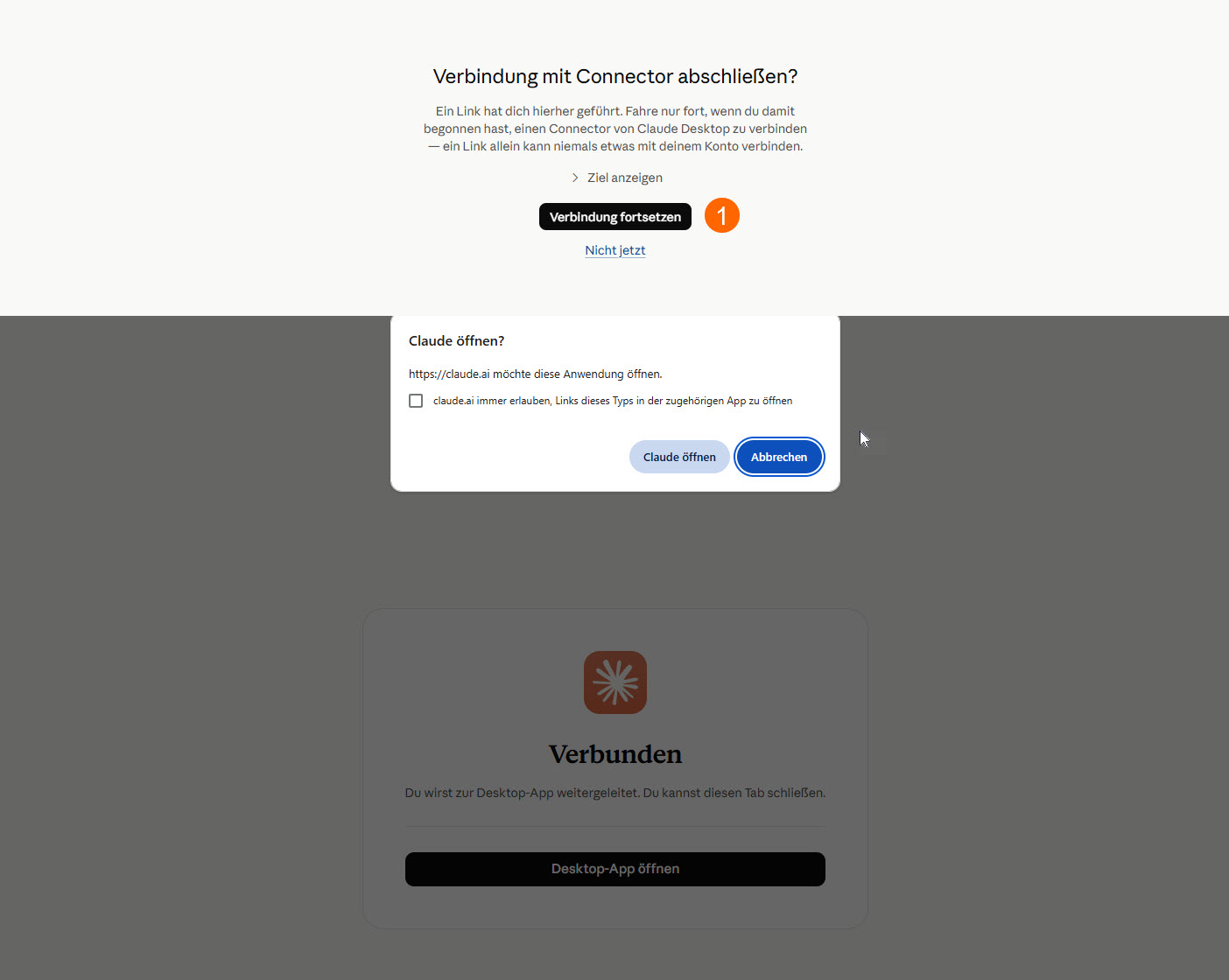 Claude im Browser: Desktop-App öffnen erlauben (Verbunden)