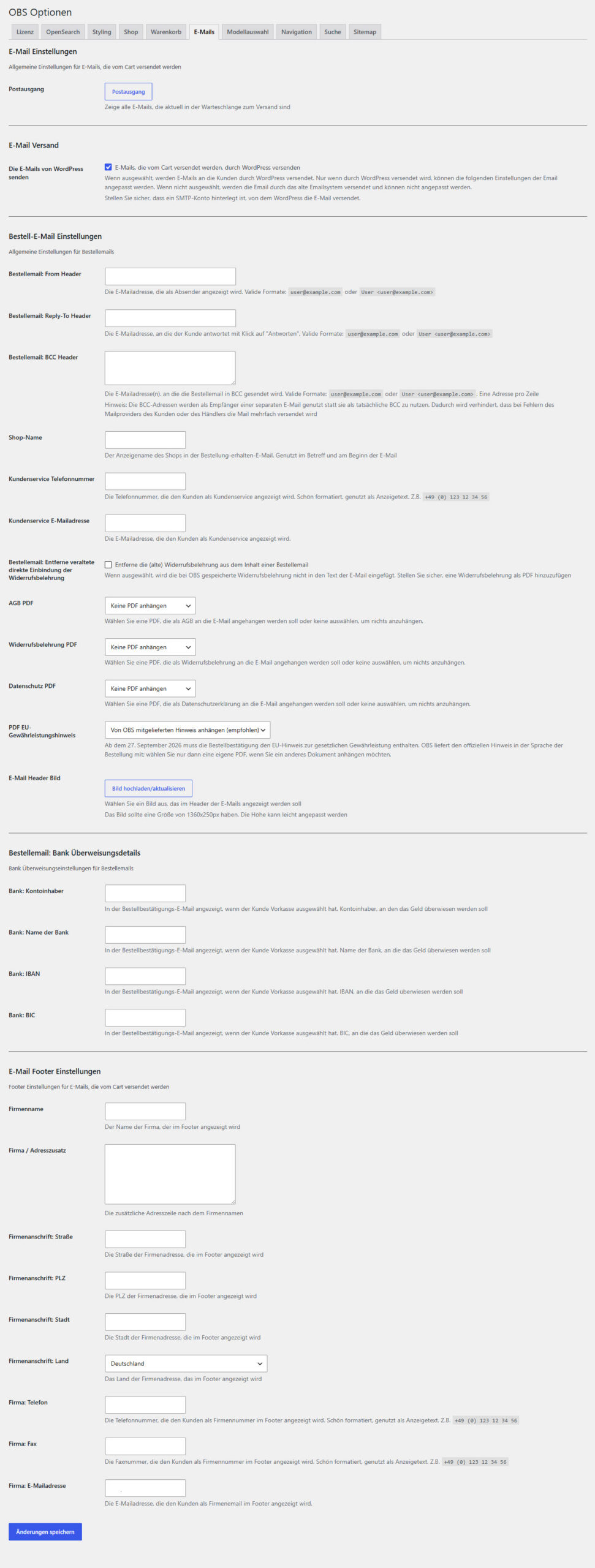 OBS-Optionen: Reiter E-Mails (Übersicht)