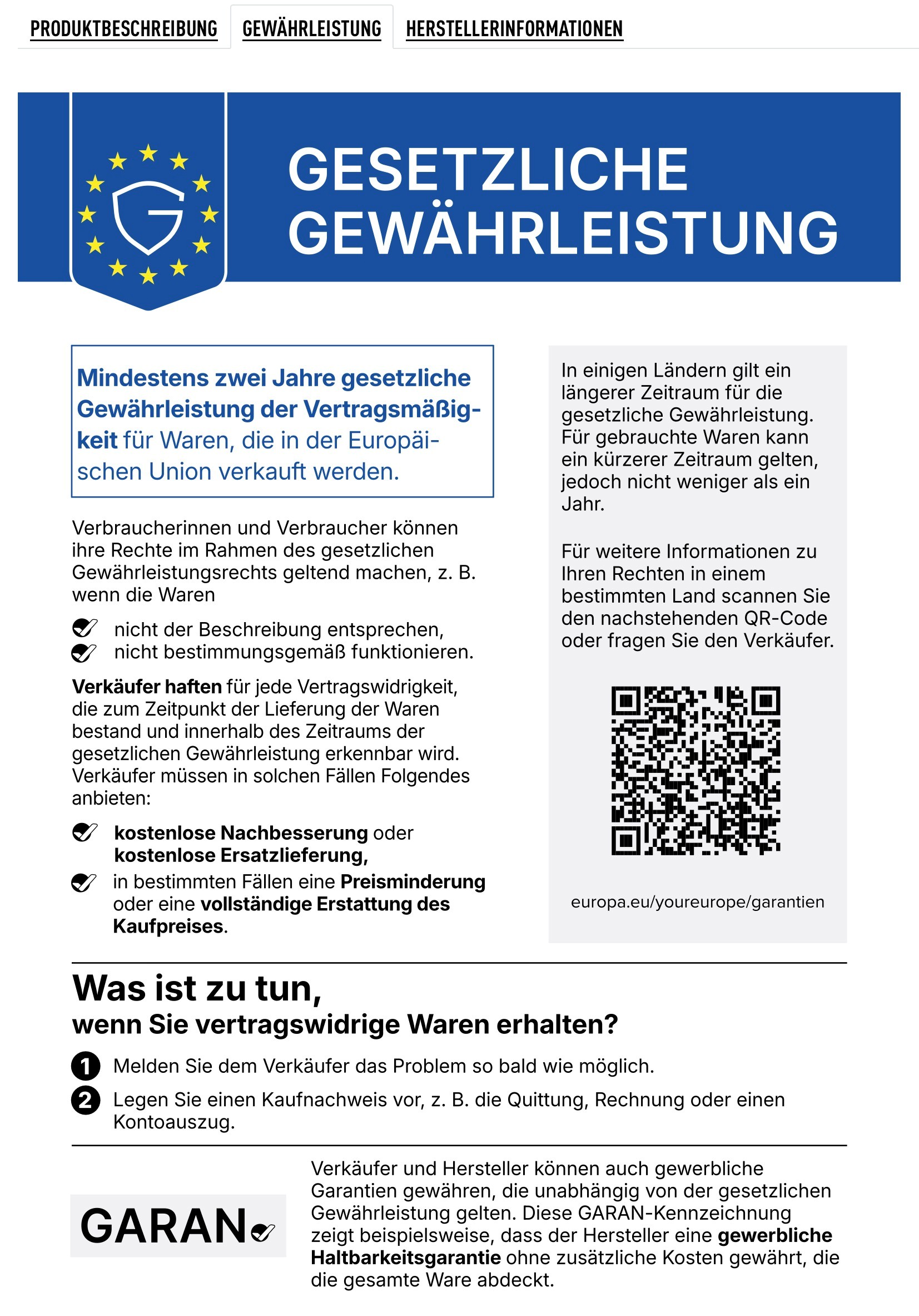 Produktseite: Tab Gewährleistung mit EU-Hinweis