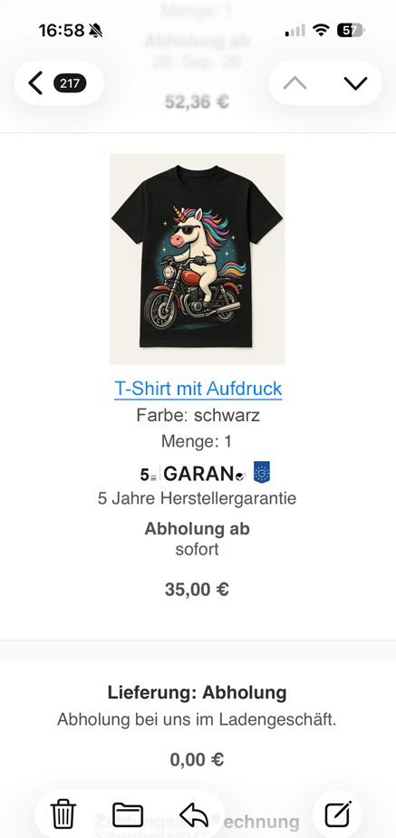 Bestell-E-Mail: GARAN-Label an der Position