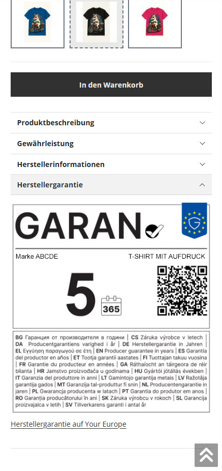 Produktseite: großes GARAN-Label im Tab Herstellergarantie