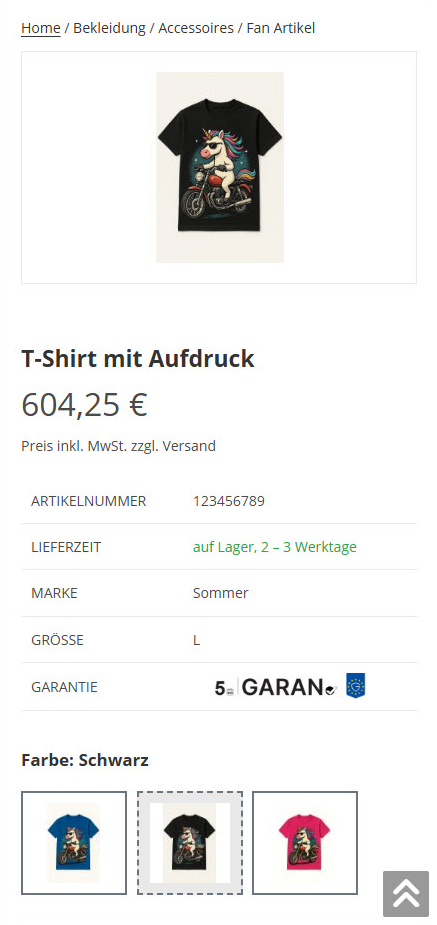 Produktseite: kleines GARAN-Label bei den Merkmalen