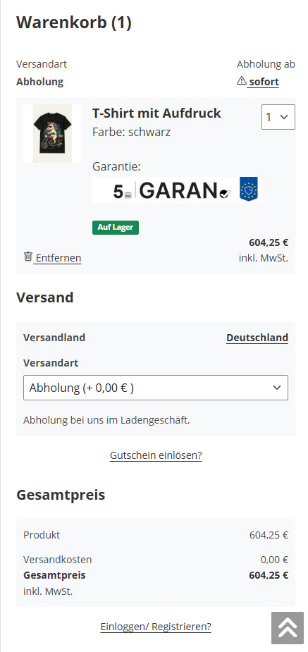 Warenkorb: GARAN-Label an der Position